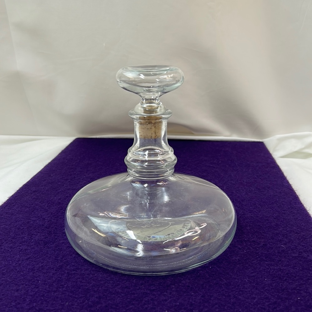 Vintage Mid Century UFO Wide Bottom Clear Glass Decanter with Cork Stopper
